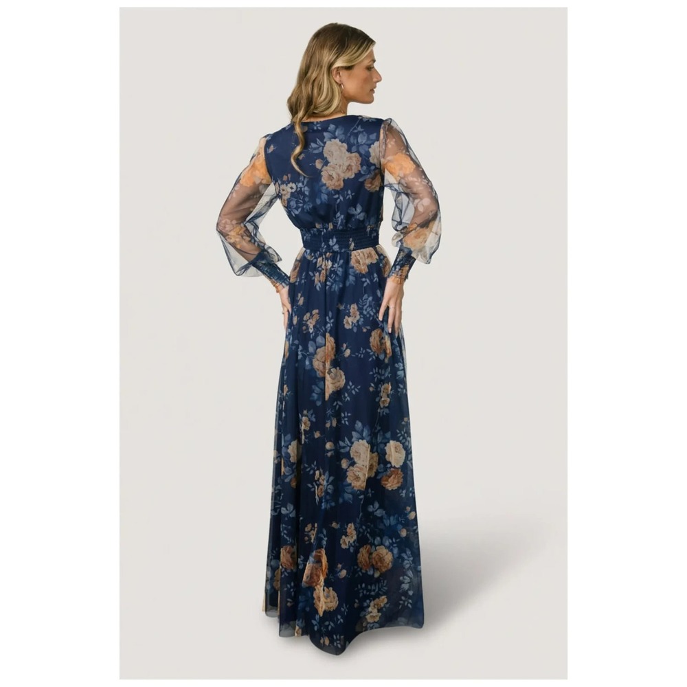 NEW Baltic Born Layla Tulle Maxi Dress Blue Golden Floral V-Neck Smocked Large - Picture 9 of 16